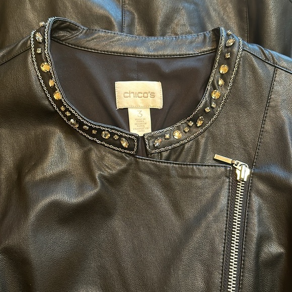 Fun Chico’s Moto faux leather black jacket with jeweled collar — Size 3 - Picture 6 of 8